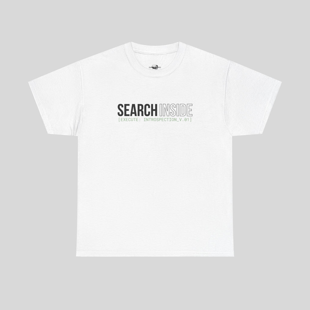 Druckt-Shirt von Printify mit dem Aufdruck "SEARCH INSIDE" in Schwarz auf weißem Baumwoll-T-Shirt, Vorderseite sichtbar