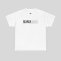 Druckt-Shirt von Printify mit dem Aufdruck "SEARCH INSIDE" in Schwarz auf weißem Baumwoll-T-Shirt, Vorderseite sichtbar