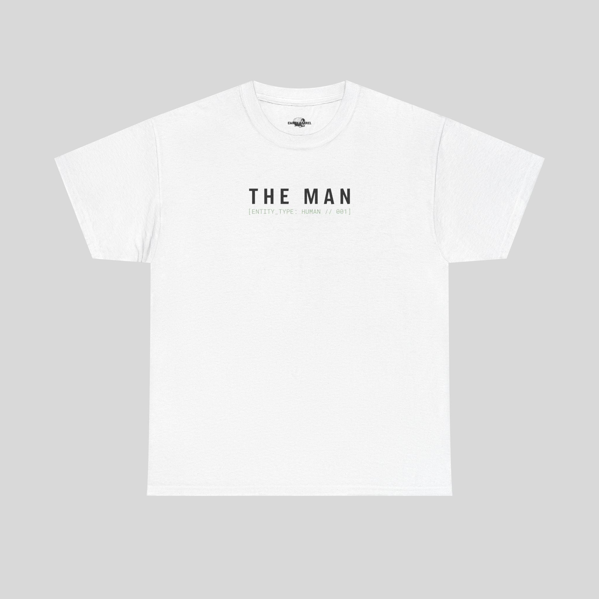 Graues Printify T-Shirt mit dem Schriftzug "THE MAN" in schwarzer Schrift auf der Vorderseite, bequemes Unisex-Design.