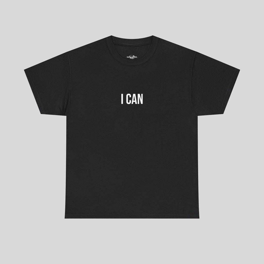 Graues I CAN Printify T-Shirt mit schwarzem Druck, kurzärmliges Baumwollshirt für Damen und Herren.