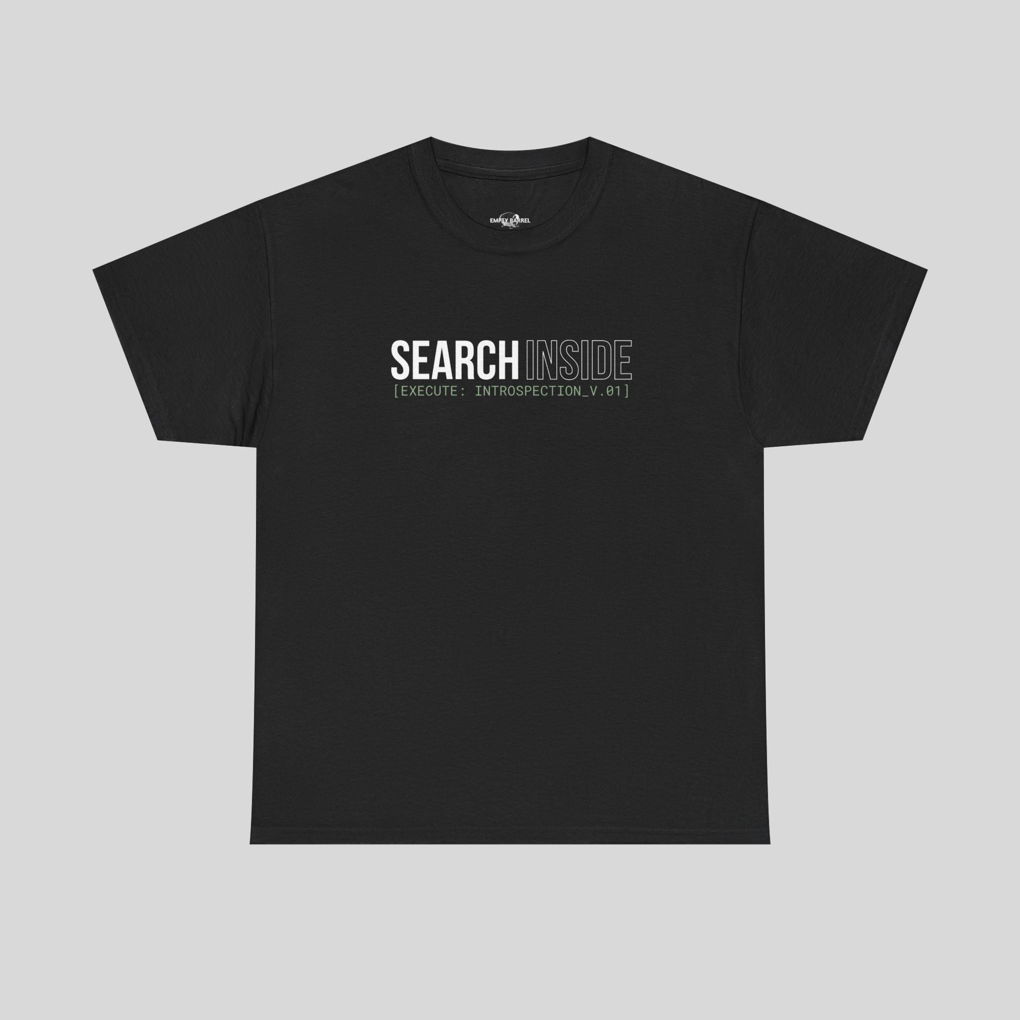 Weißes Printify T-Shirt mit "SEARCH INSIDE" Aufdruck, sportlich und bequem, auf weißem Hintergrund.