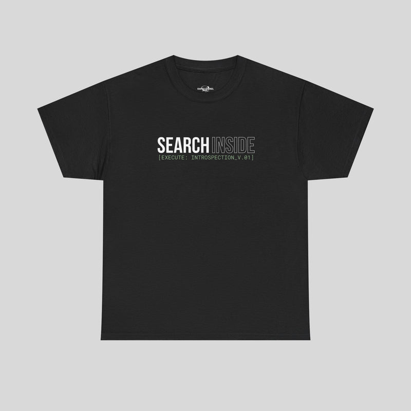Weißes Printify T-Shirt mit "SEARCH INSIDE" Aufdruck, sportlich und bequem, auf weißem Hintergrund.